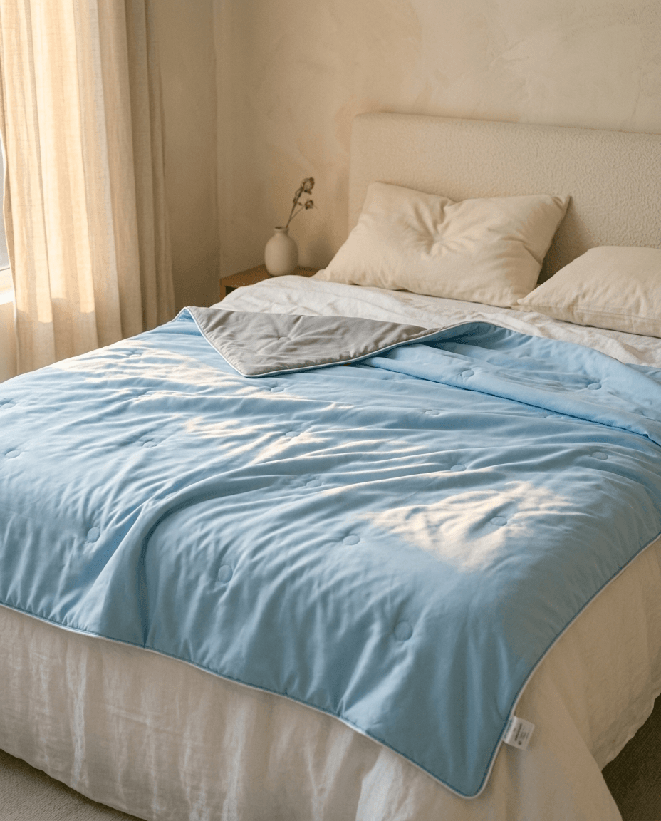 Fulfiz The Cloud, a soft, plush decorative cushion with cloud shape and light blue fabric, styled on a cozy bed.